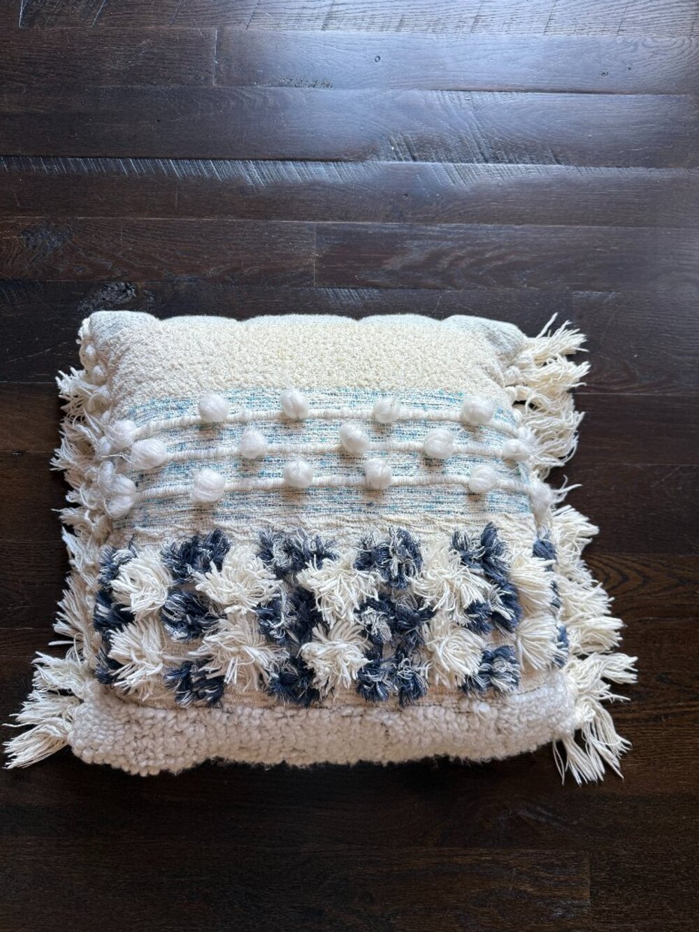 Anthropologie 20x20 Blue Cream Tufted Fringe Throw Pillow